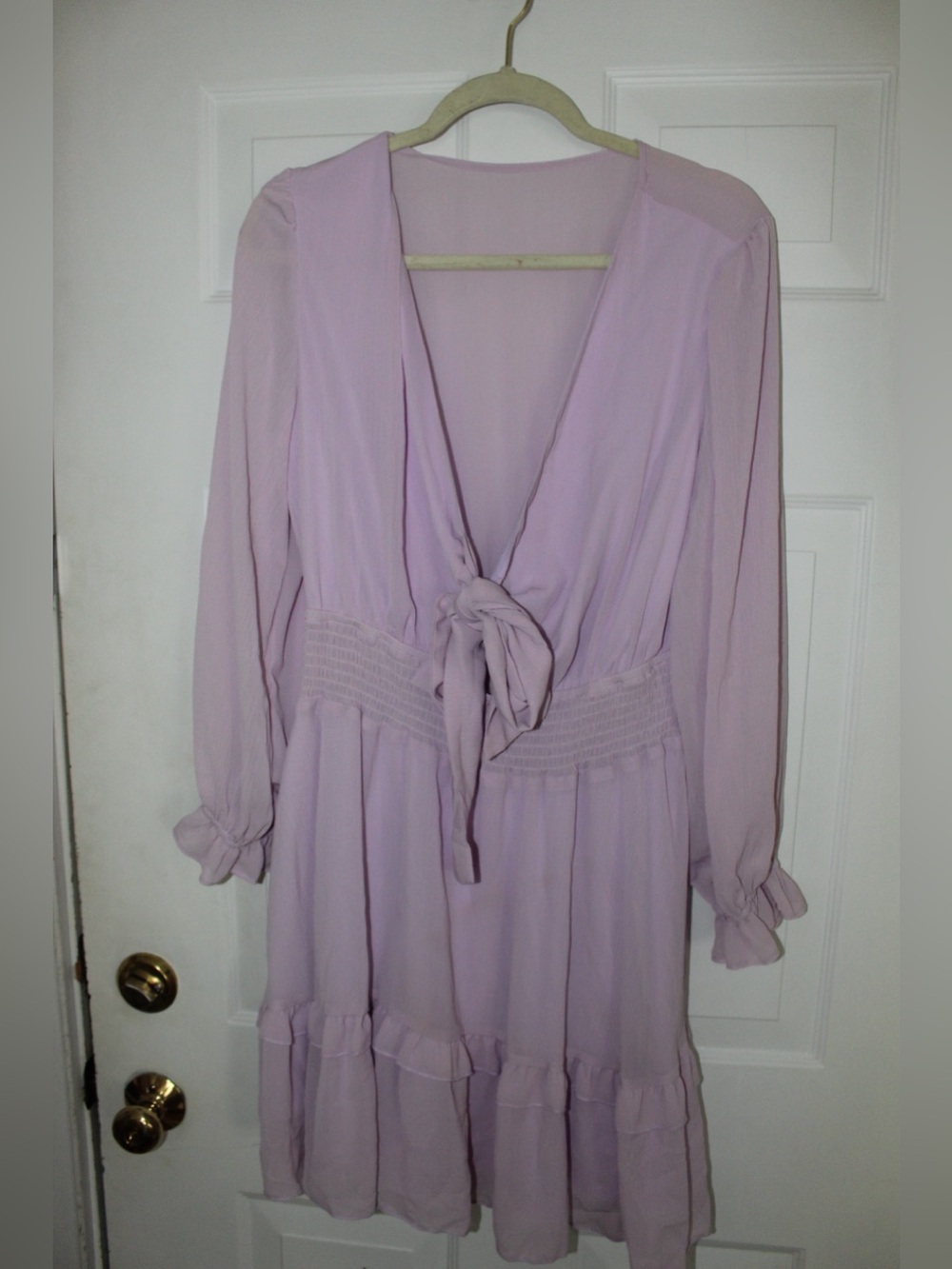 Lavender Tie-Front Long Sleeve Ruffle Dress